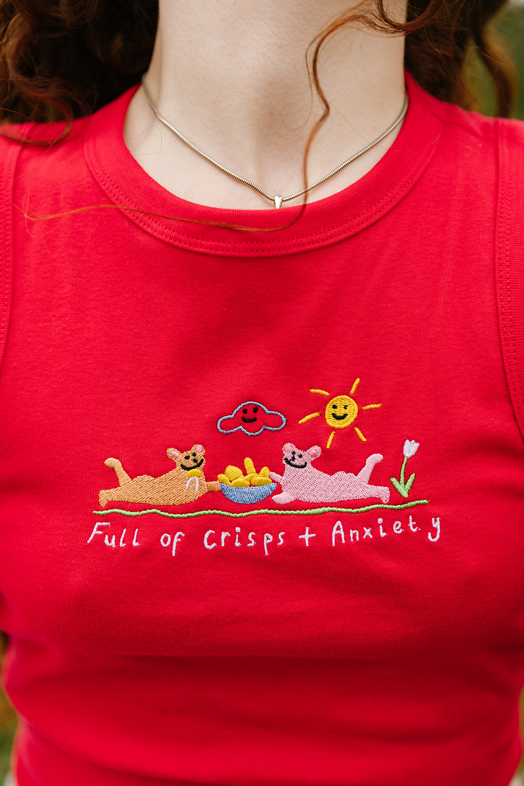 Crisps &amp; Anxiety Embroidered Crop Vest Top