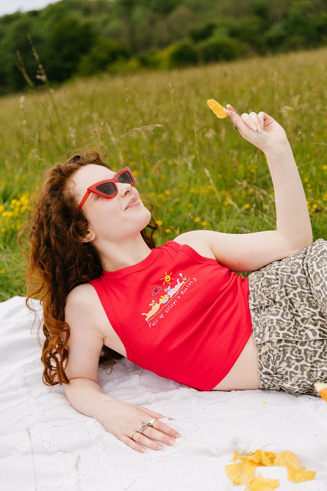 Crisps &amp; Anxiety Embroidered Crop Vest Top