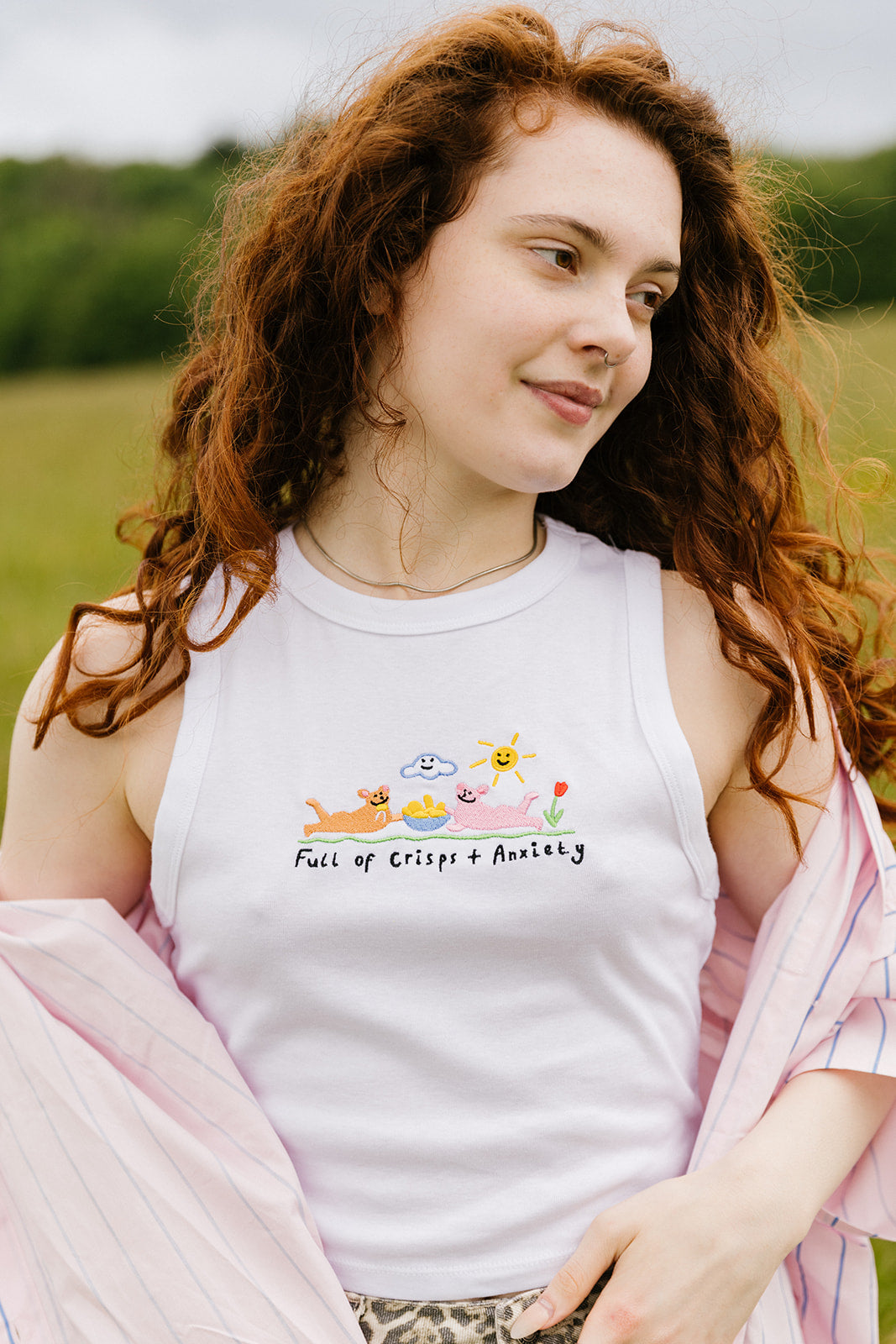 Crisps &amp; Anxiety Embroidered Crop Vest Top