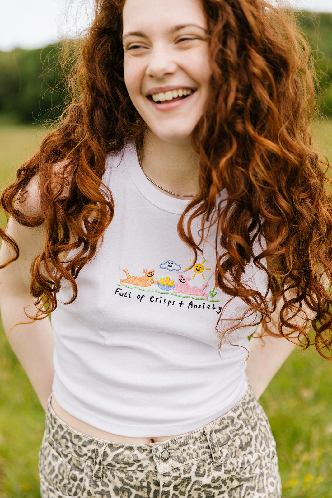 Crisps &amp; Anxiety Embroidered Crop Vest Top