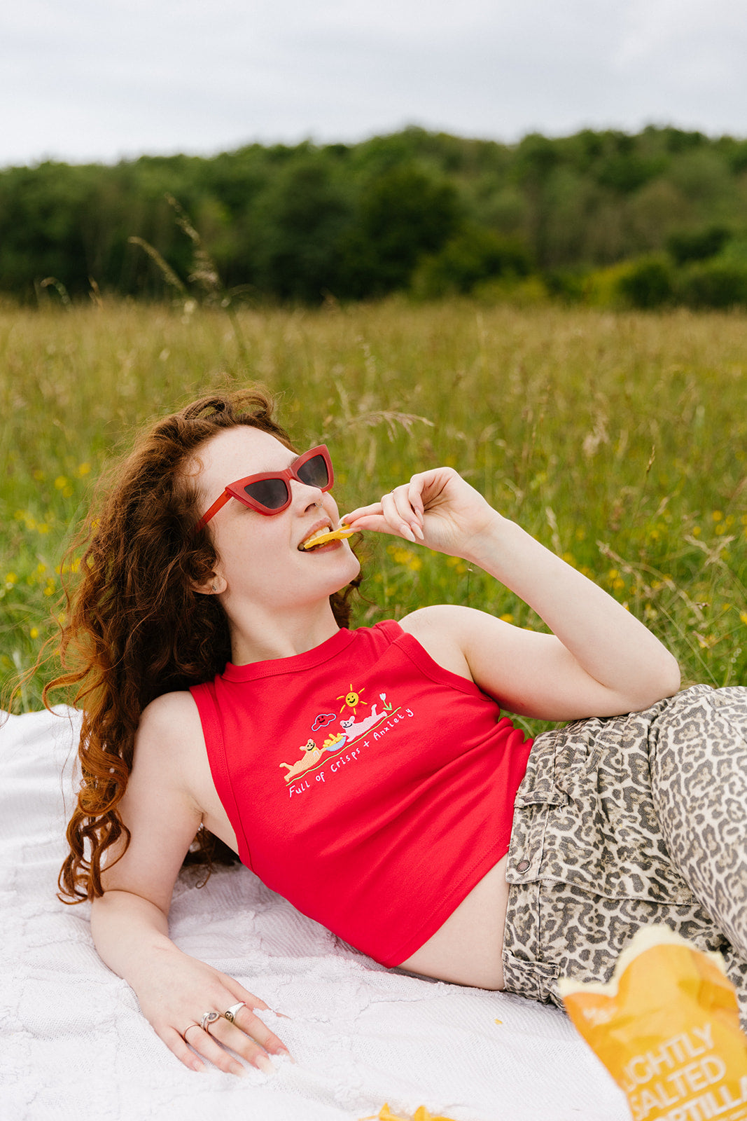 Crisps &amp; Anxiety Embroidered Crop Vest Top
