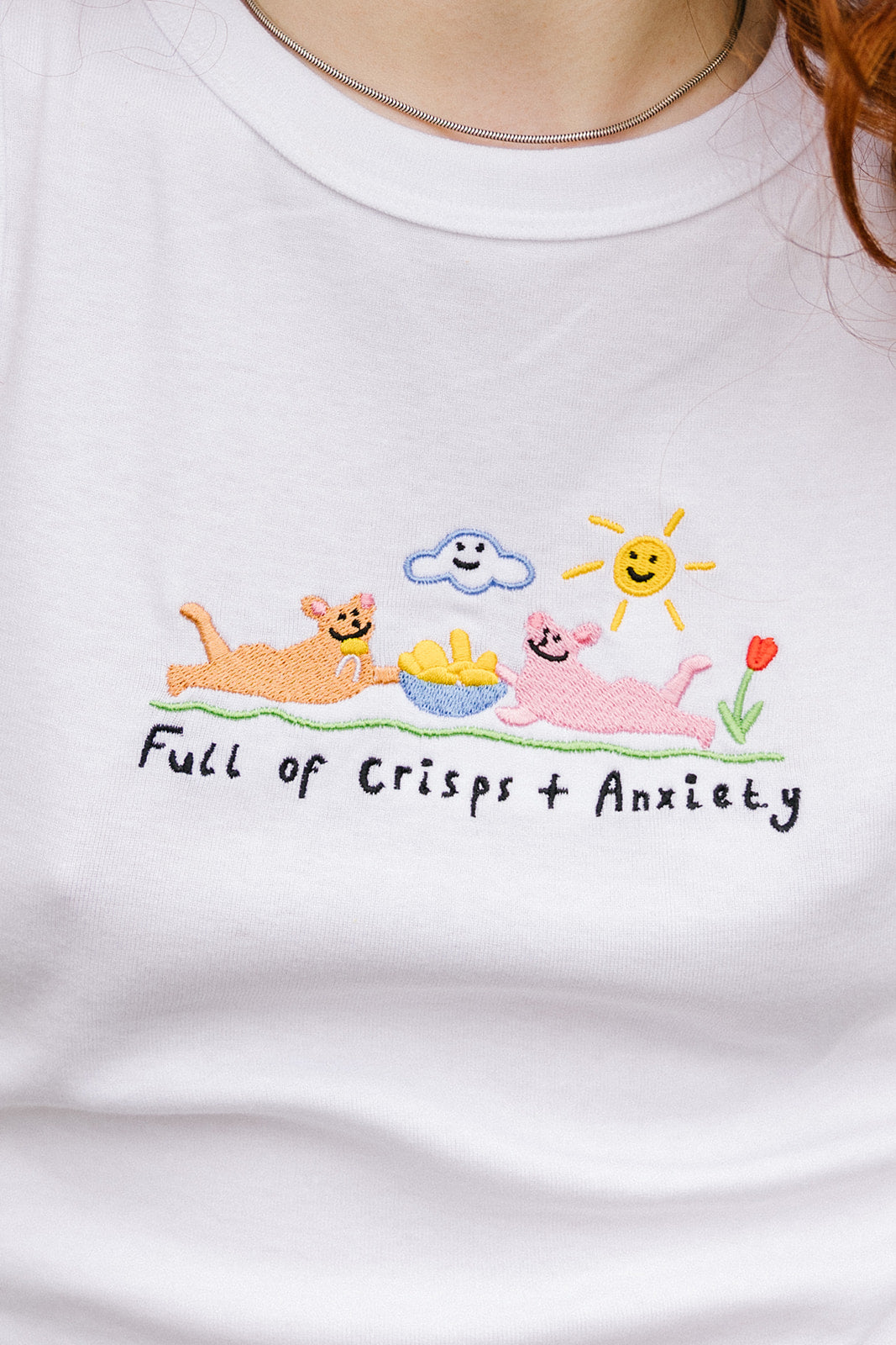 Crisps &amp; Anxiety Embroidered Crop Vest Top