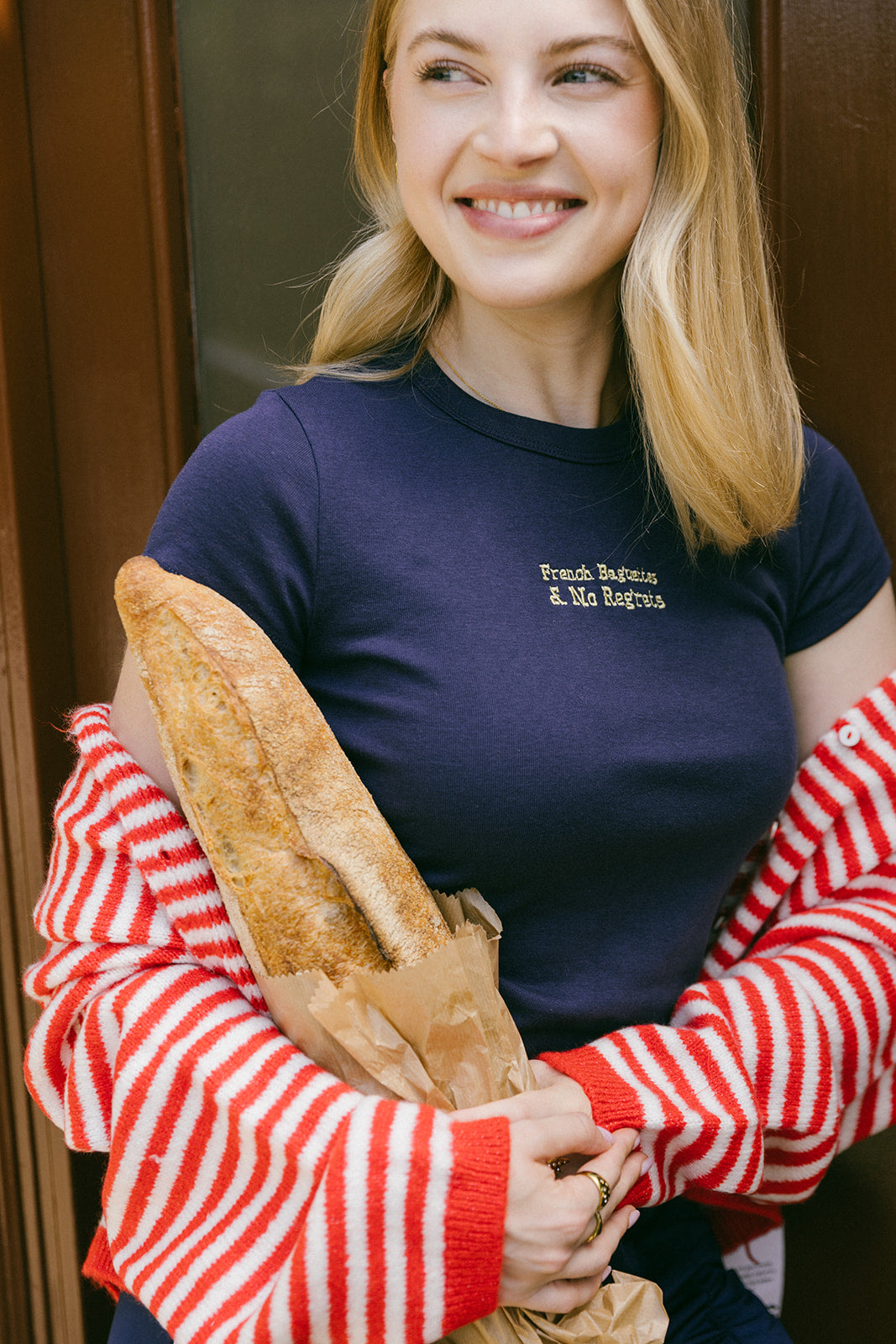French Baguettes & No Regrets Embroidered Baby Rib Tee