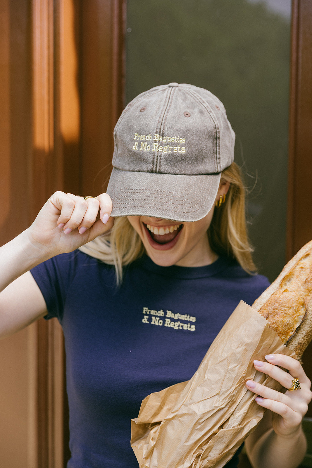 French Baguettes & No Regrets Embroidered Baby Rib Tee