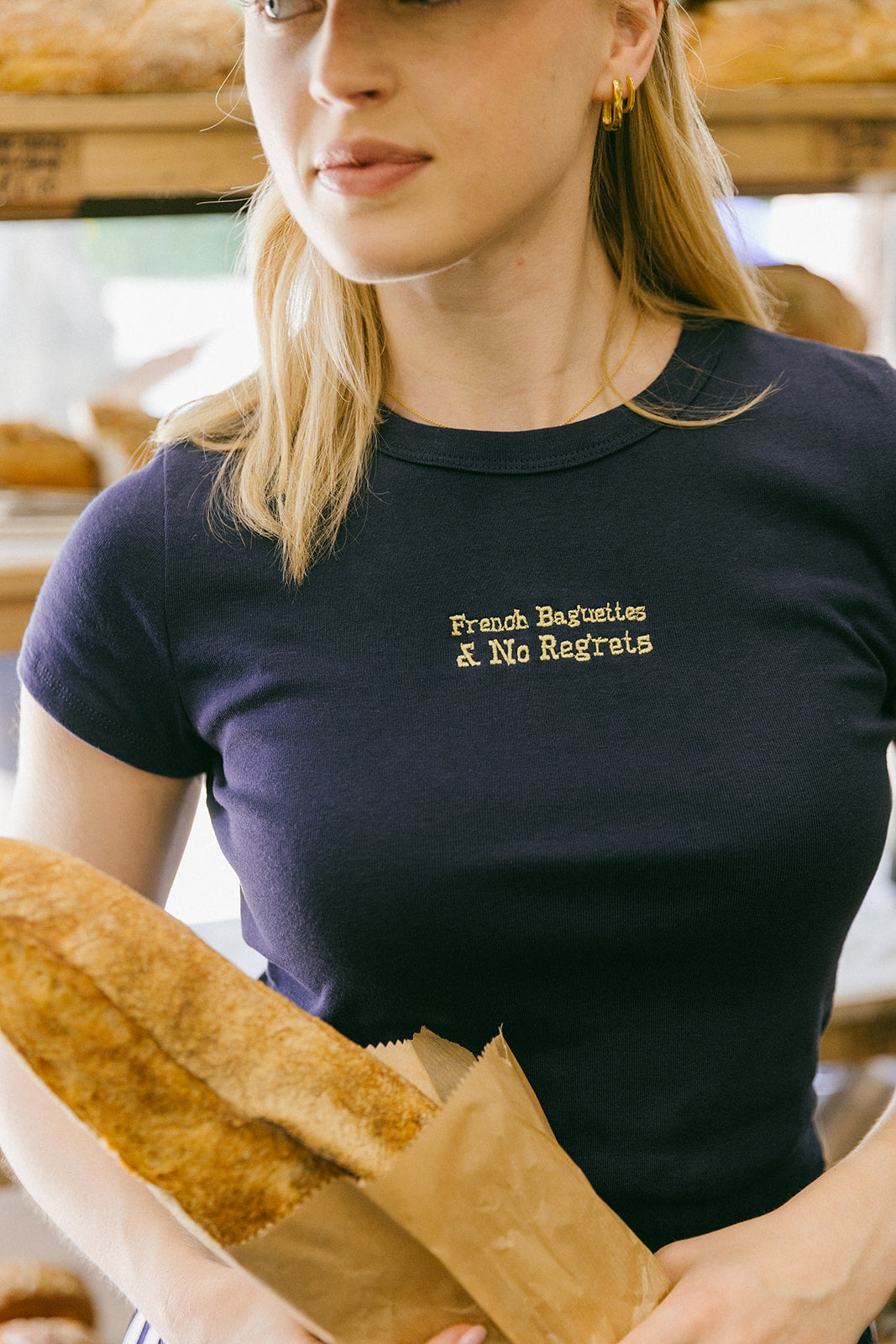 French Baguettes & No Regrets Embroidered Baby Rib Tee