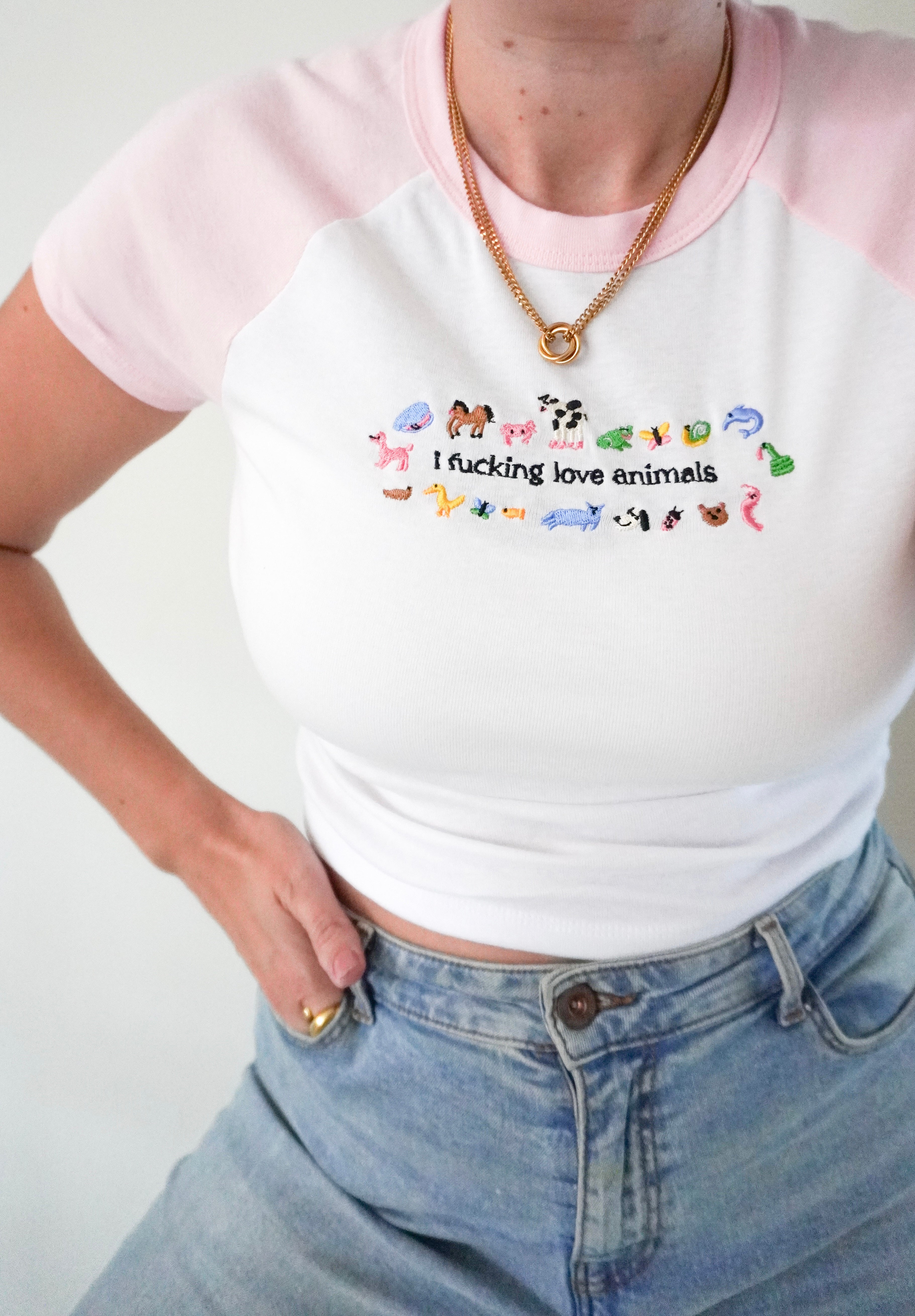 I Fucking Love Animals Embroidered Raglan Baby Tee - Limpet Store